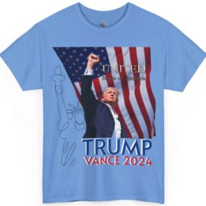 TRUMP VANCE 2024, with Trump's Fist Raised and American Flag, Unisex Heavy Cotton Tee