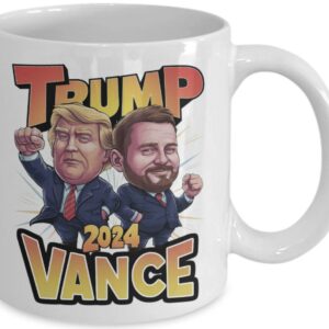 Trump Vance 2024 Coffee Mug - Political Caricature Raised Fist Design - Trump Supporter Gift - Fun Political Memorabilia - Election 2024