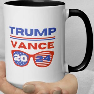 Trump Vance 2024 Presidential Election Sunglasses Coffee or Tea Mug with Color Inside 15 oz. or 11 oz., Red or Black Stars Stripes1