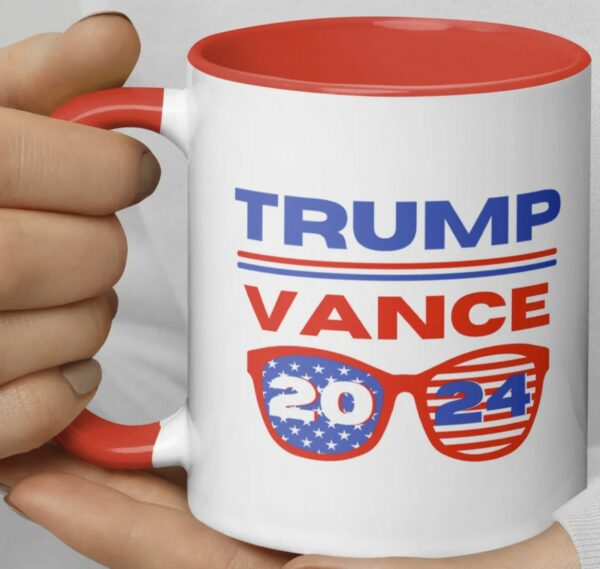 Trump Vance 2024 Presidential Election Sunglasses Coffee or Tea Mug with Color Inside 15 oz. or 11 oz., Red or Black Stars Stripes2