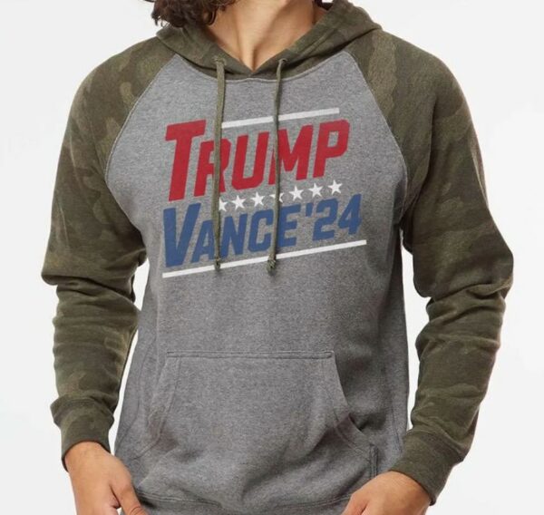 Distressed Trump Vance Unisex Camo Hoodie, Trump 2024 Hoodie, Trump Election Rally Hooded Sweatshirt