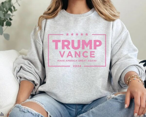 Pink Trump Vance 2024 Sweatshirt, 24 President Election Sweater, American Patriot Crew Neck for Conservative Women, MAGA Republican Gifts1