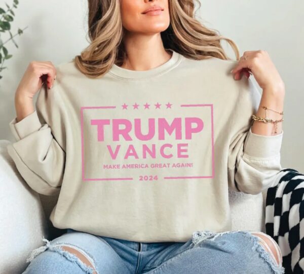 Pink Trump Vance 2024 Sweatshirt, 24 President Election Sweater, American Patriot Crew Neck for Conservative Women, MAGA Republican Gifts3