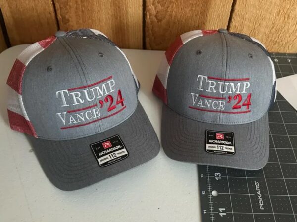 Trump Vance 24 trucker hat!!! Red-White and blue!!! Flag back mesh hat!!!1